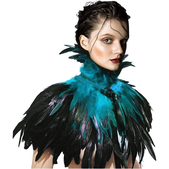 Women's Real Nature Feather Shrug Cape Lace Shawl Collar Witch Cosplay Costumes - Picture 1 of 5